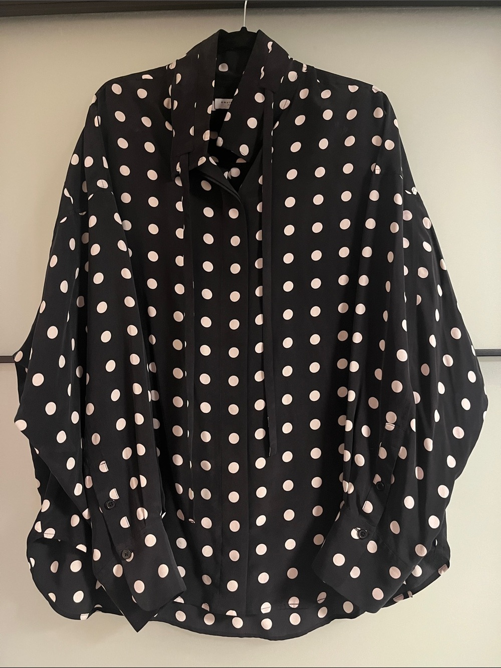 Equipment Silk Polka Dot Tie-Neck Blouse - Black with White Dots